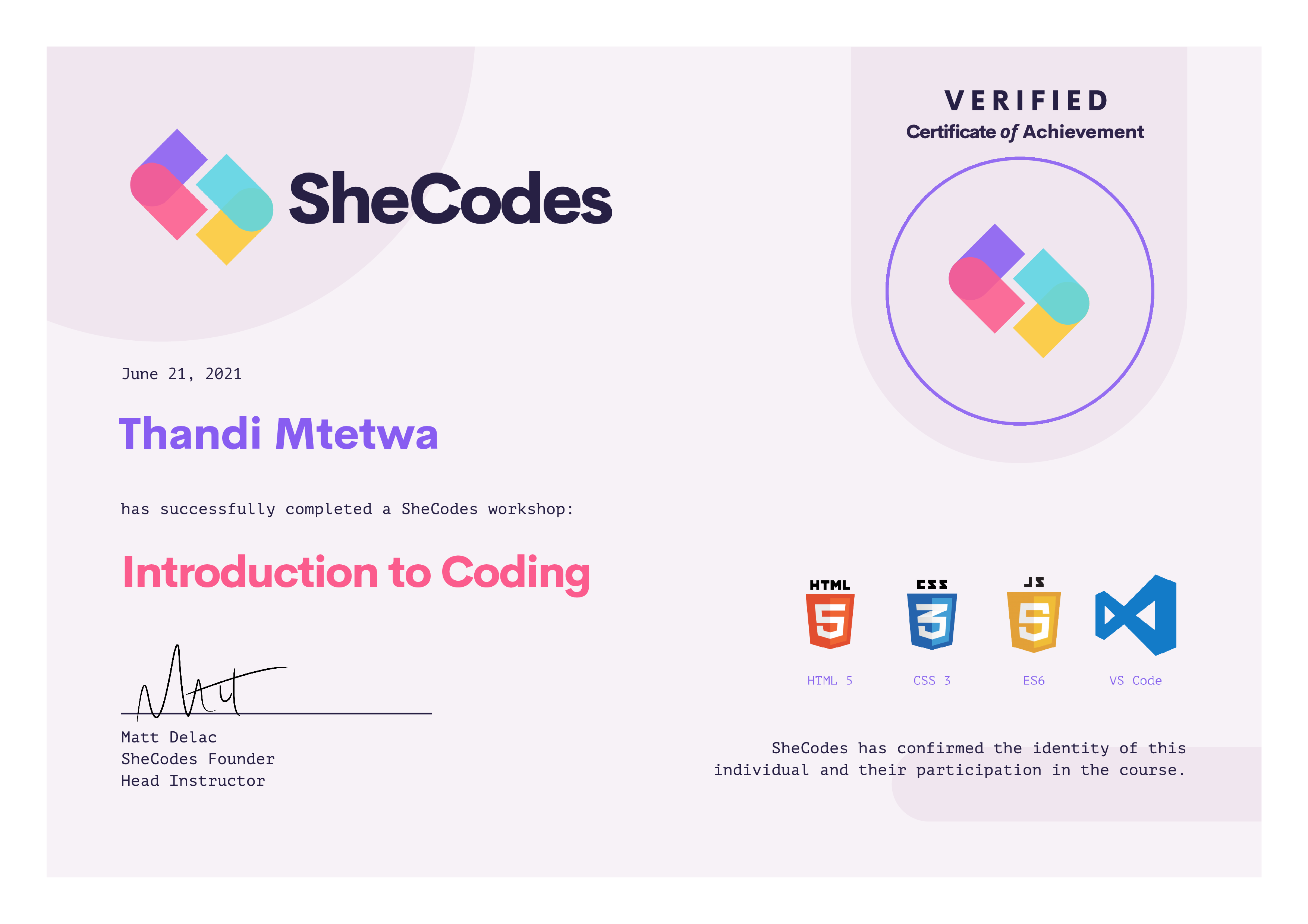 SheCodes basic certificate